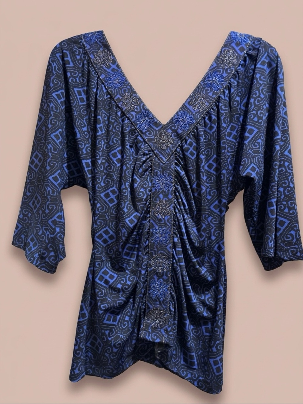 INC International Concepts Blue and Black V-Neck Draped Tunic
